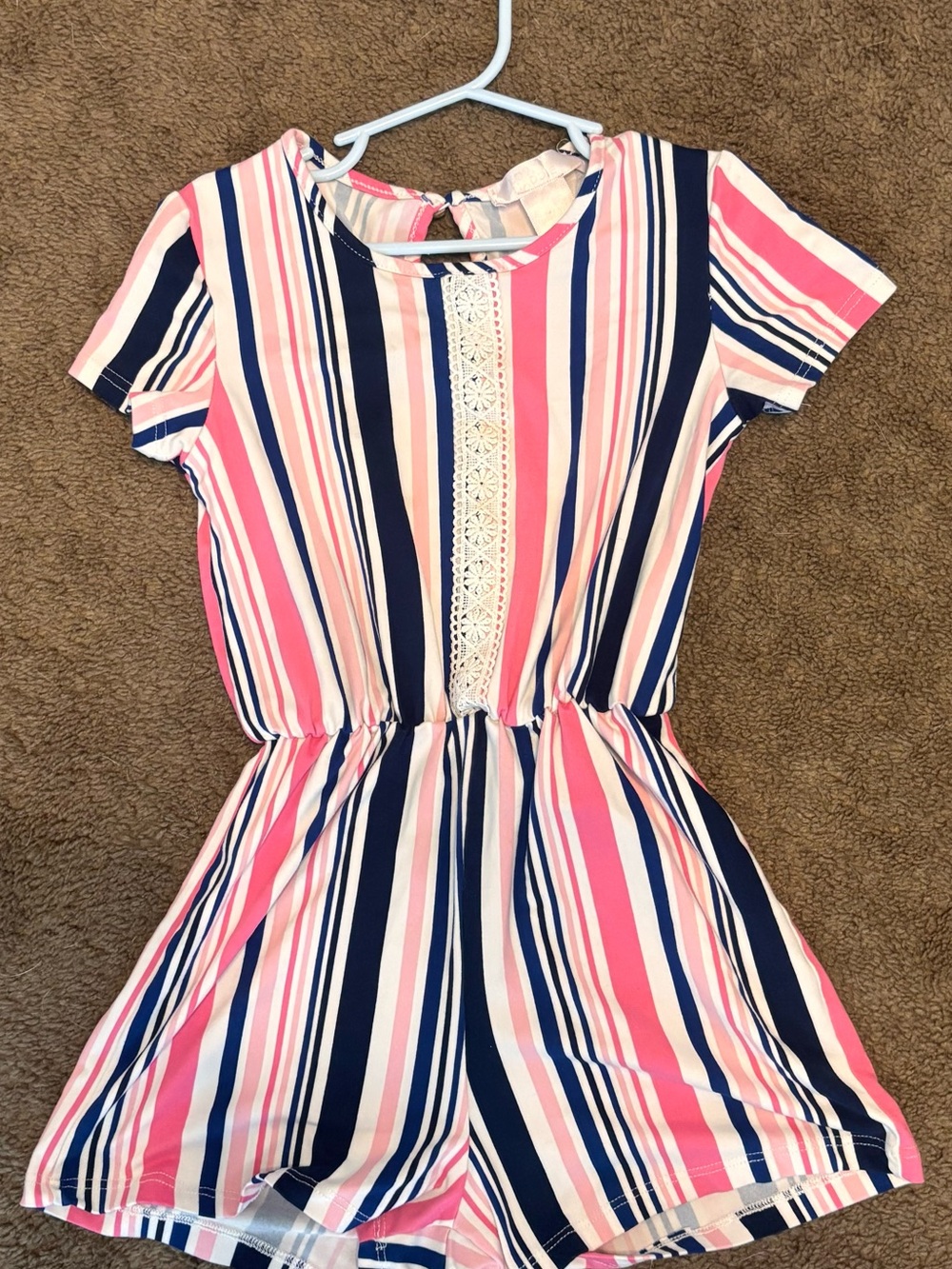 Kid’s Love Maddie Pink & Black Striped Short Romper with Lace Detail